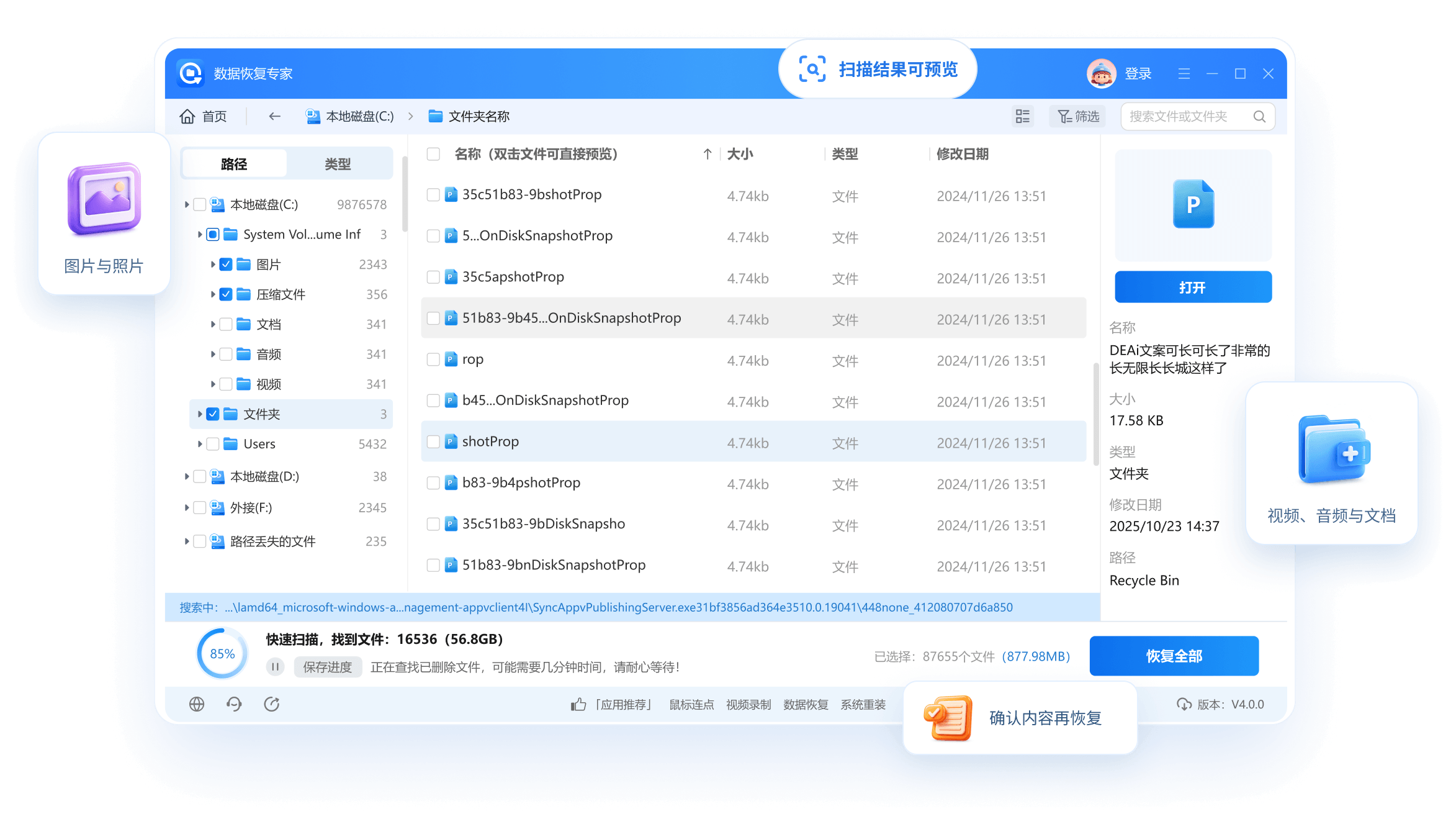 数据恢复专家扫描结果预览界面